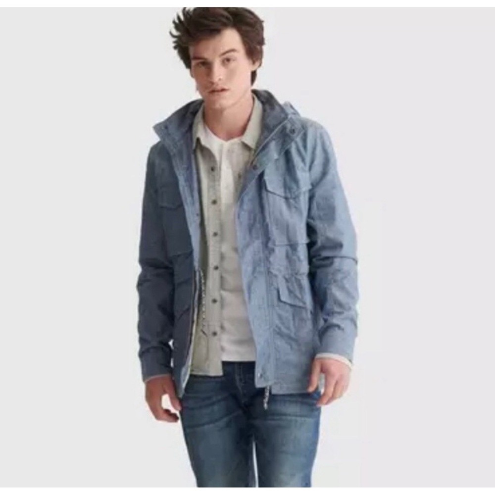 Lucky Brand Military Jacket Mens L/Safari Large Blue Chambray M65 Pockets Hood